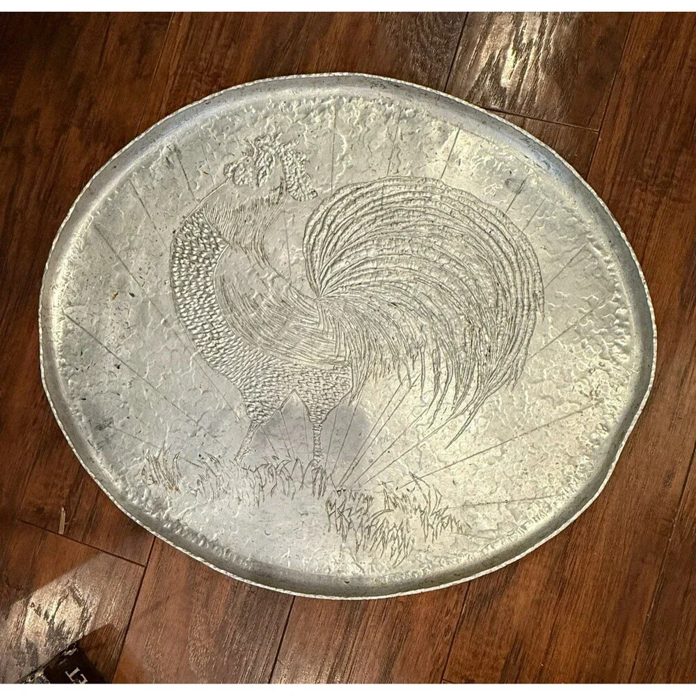 Oval Hammered Metal Serving Tray Platter w Rooster Design, Handmade pre 1960s A4